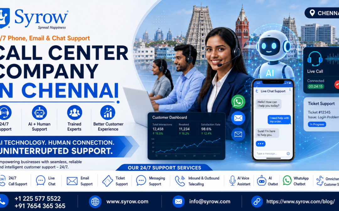 Call Center Company in Chennai offering 24/7 AI + Human customer support, live chat, email, ticket support, telecalling, AI chatbot, WhatsApp chatbot and omnichannel customer support services by Syrow.