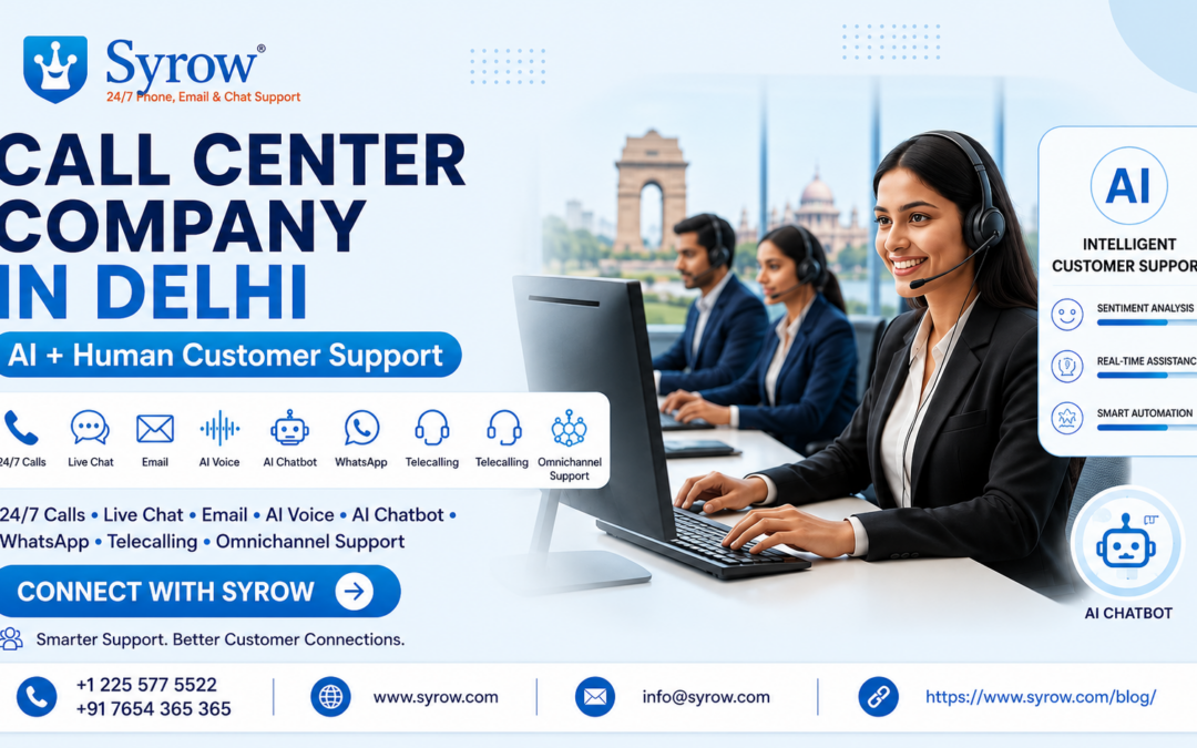 Call Center Company in Delhi offering AI + Human Customer Support with 24/7 calls, live chat, email, AI voice, WhatsApp, telecalling, and omnichannel support by Syrow.