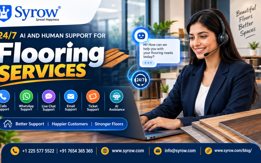 Syrow 24/7 omnichannel support for flooring services with AI and human support across calls, WhatsApp, live chat, email, tickets, and AI assistance.