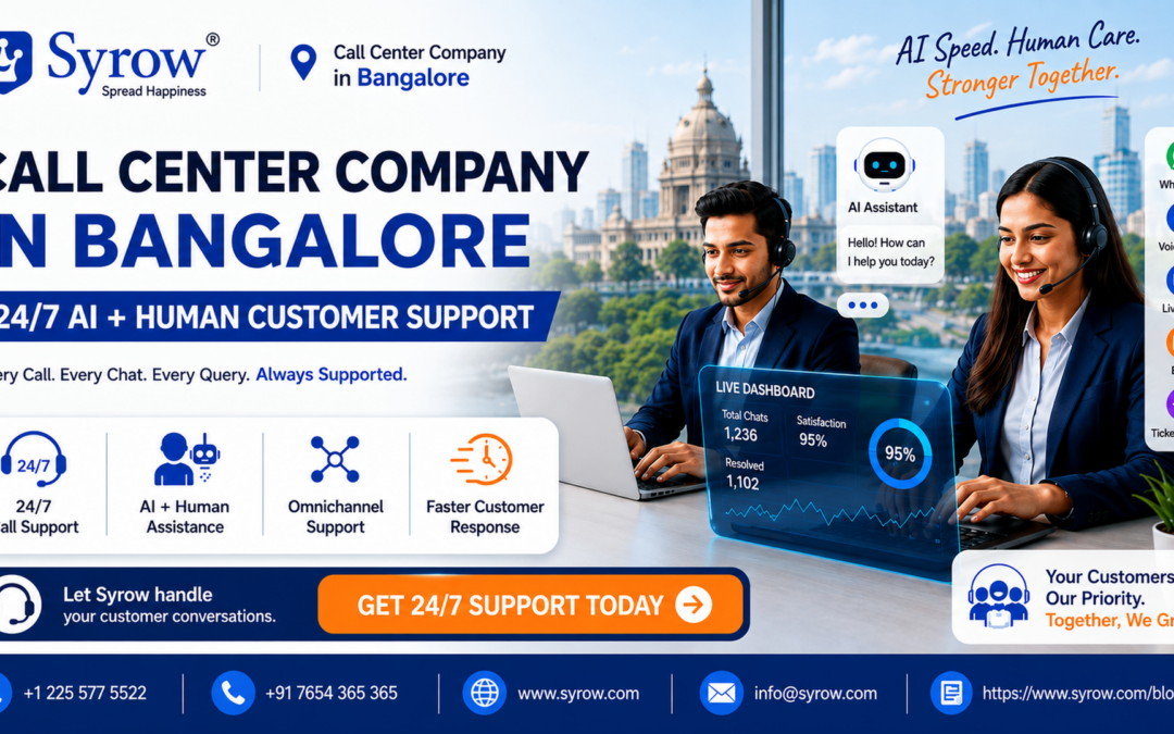 Call center company in Bangalore providing 24/7 AI and human customer support, featuring omnichannel support, live chat, WhatsApp, voice calls, email, and ticket support by Syrow.