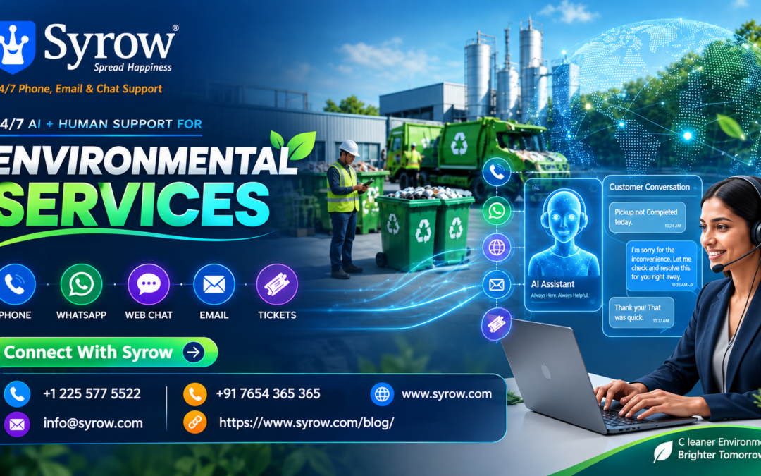 Syrow 24/7 AI + Human Support for Environmental Services, offering omnichannel customer support through phone, WhatsApp, web chat, email, and tickets, with AI assistance and human agents for efficient customer service and environmental service operations.