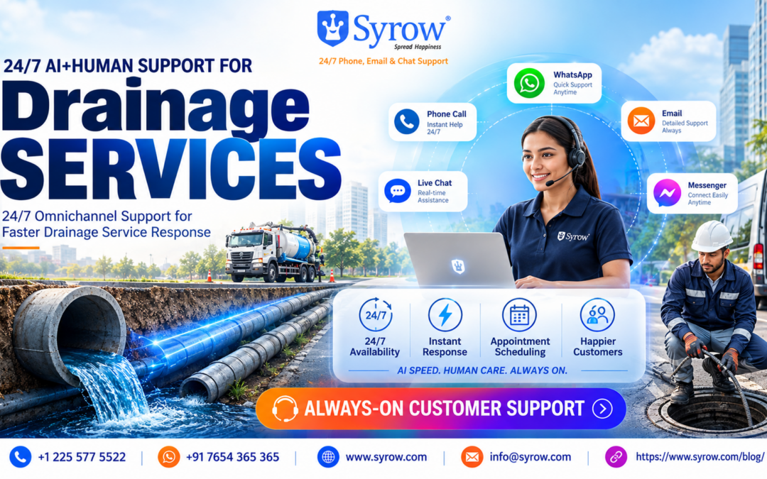 Syrow 24/7 AI + human customer support for Drainage Services, featuring omnichannel support, faster drainage service response, instant assistance, appointment scheduling, and always-on customer support for drainage businesses.