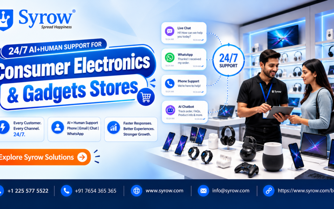Syrow 24/7 Omnichannel Support for Consumer Electronics and Gadgets Stores, featuring AI chatbots, WhatsApp, phone, and live chat support to enhance customer service and engagement.