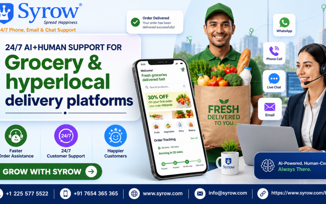 Syrow’s 24/7 AI + Human Customer Support for Grocery Delivery Apps, offering round-the-clock phone, email, live chat, WhatsApp, and order assistance to improve customer satisfaction and streamline grocery deliveries.