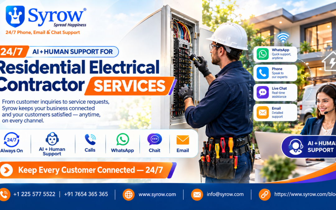 24/7 customer support for residential electrical contractors by Syrow, featuring AI + human support through phone, WhatsApp, live chat, and email to keep customers connected anytime.