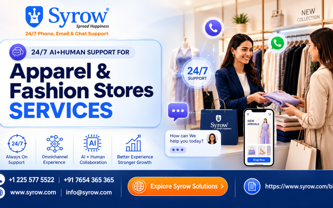 Syrow 24/7 AI + Human Customer Support for Apparel and Fashion Stores Services, offering omnichannel support, phone, email, and chat assistance to enhance customer experience and drive retail business growth.