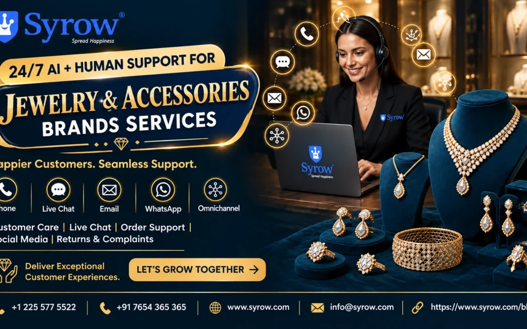 Syrow’s 24/7 Omnichannel Support for Jewelry Brands featuring AI and human-powered customer service, live chat, phone, email, WhatsApp, order support, and returns management for jewelry and accessories businesses.