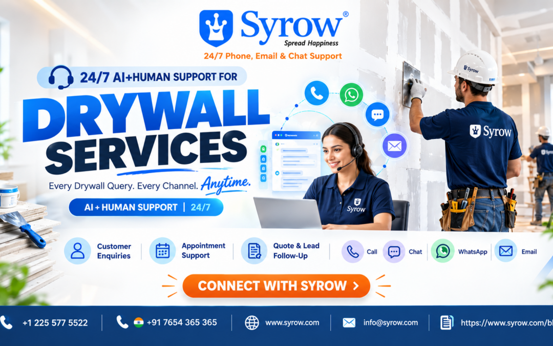 “Drywall Services with 24/7 AI + Human Support by Syrow, providing customer enquiries, appointment support, quote and lead follow-up through phone, chat, WhatsApp, and email.”