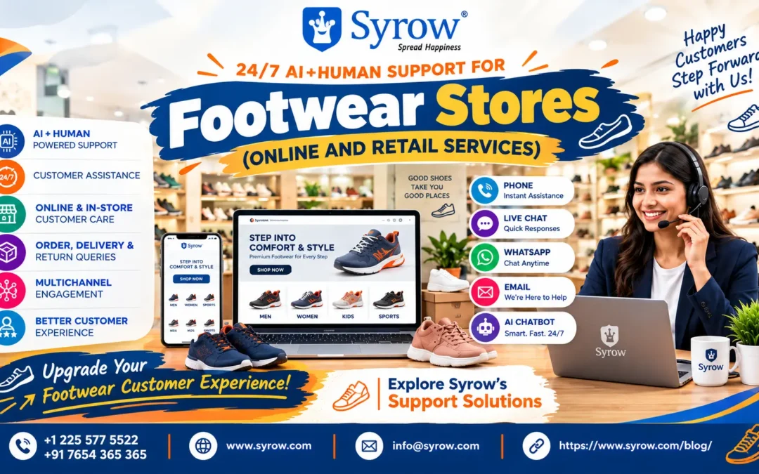 Syrow 24/7 omnichannel support for footwear stores, featuring AI and human customer service, online and in-store customer care, phone support, live chat, WhatsApp, email, and AI chatbot solutions for footwear retailers and online shoe stores.