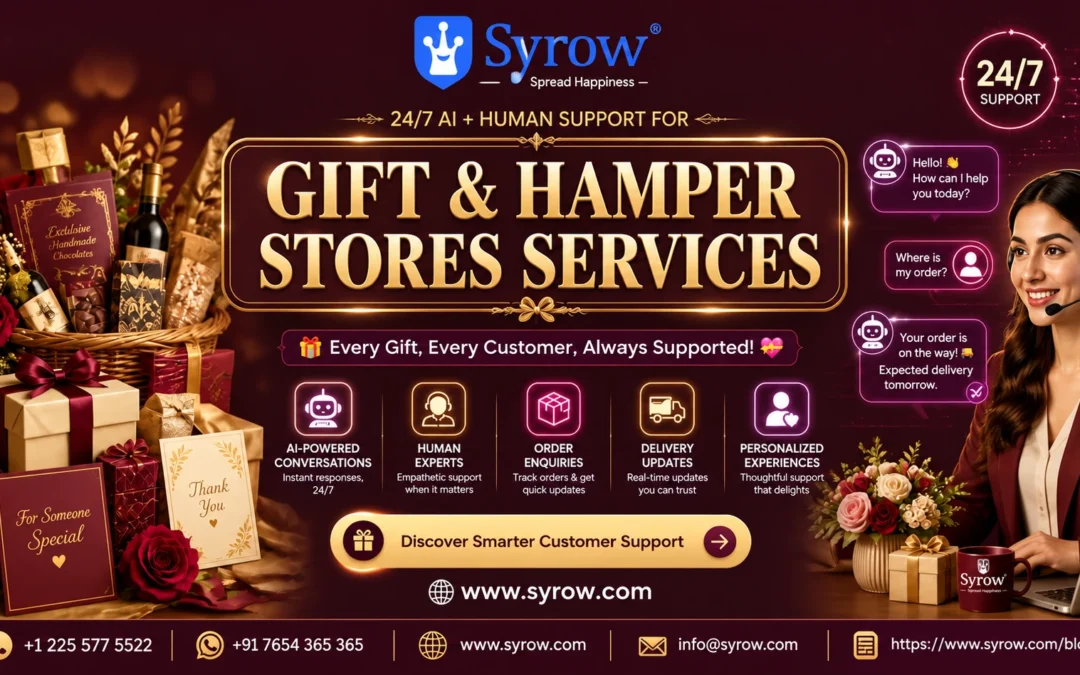 24/7 omnichannel support for gift and hamper stores by Syrow, featuring AI-powered conversations, human customer support, gift order tracking, delivery updates, and personalized customer experiences.