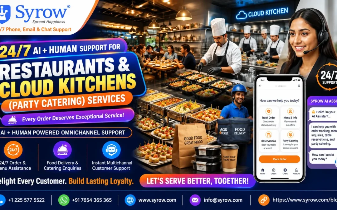 Syrow’s 24/7 Omnichannel Support for Restaurants, Cloud Kitchens, and Party Catering Services with AI + Human Customer Support, order assistance, food delivery, and catering enquiries.