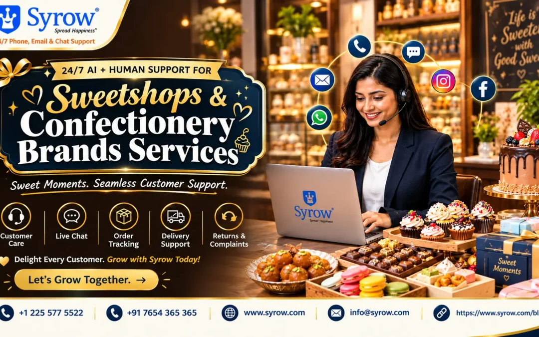 24/7 Omnichannel Support for Sweet Shops featuring Syrow’s AI and human customer support, live chat, order tracking, delivery assistance, and complaint management for confectionery brands.