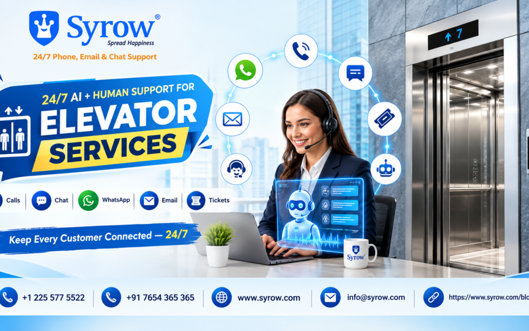 Syrow 24/7 Omnichannel Support for Elevator Services, featuring AI + human customer support through calls, chat, WhatsApp, email, and tickets for seamless elevator customer service.